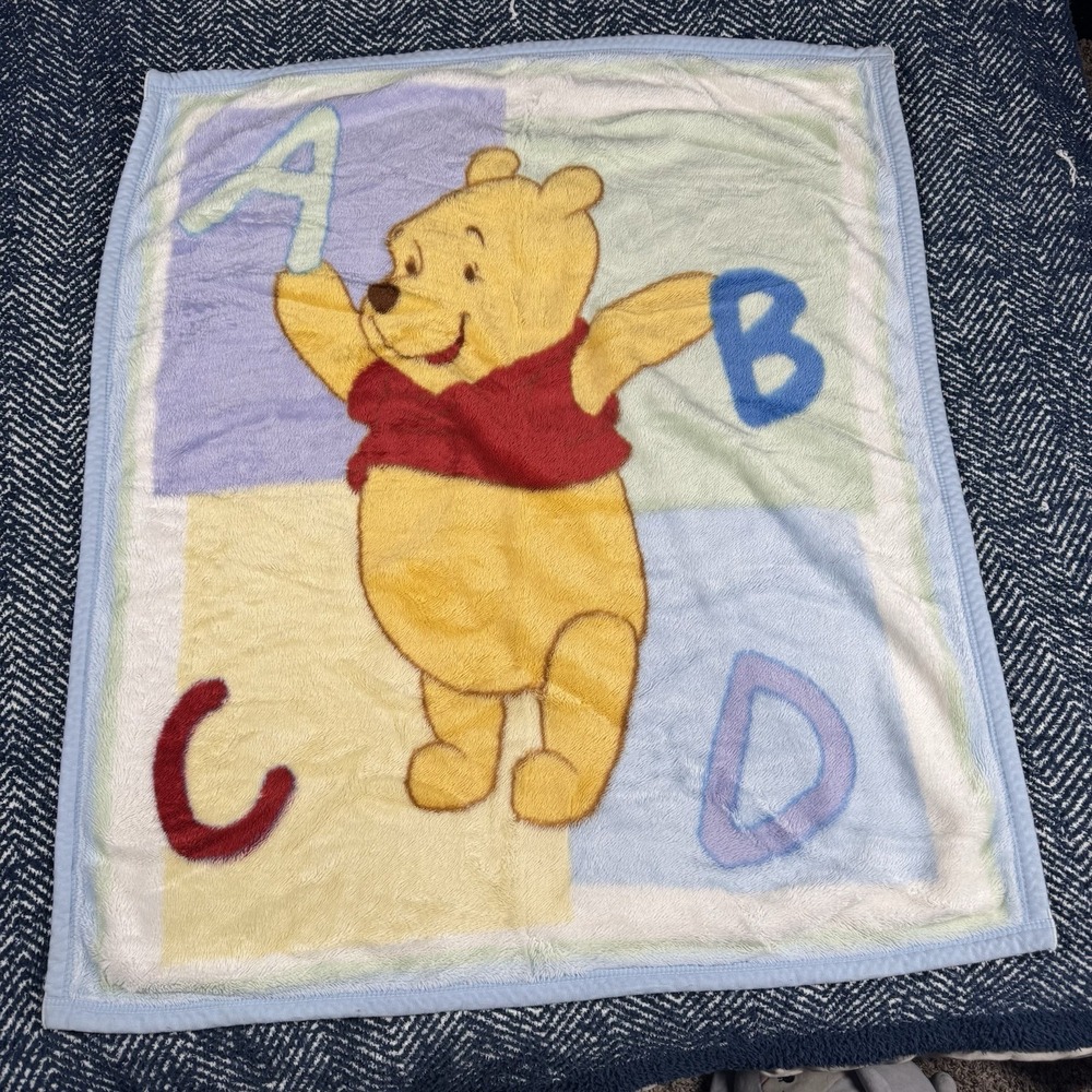 Vtg Disney Baby Winnie The Pooh ABC Fleece Baby Crib Blanket 36"x40"